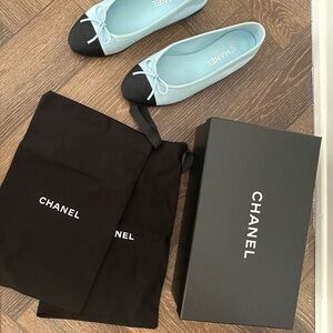 CHANEL Light Blue and Black Flats